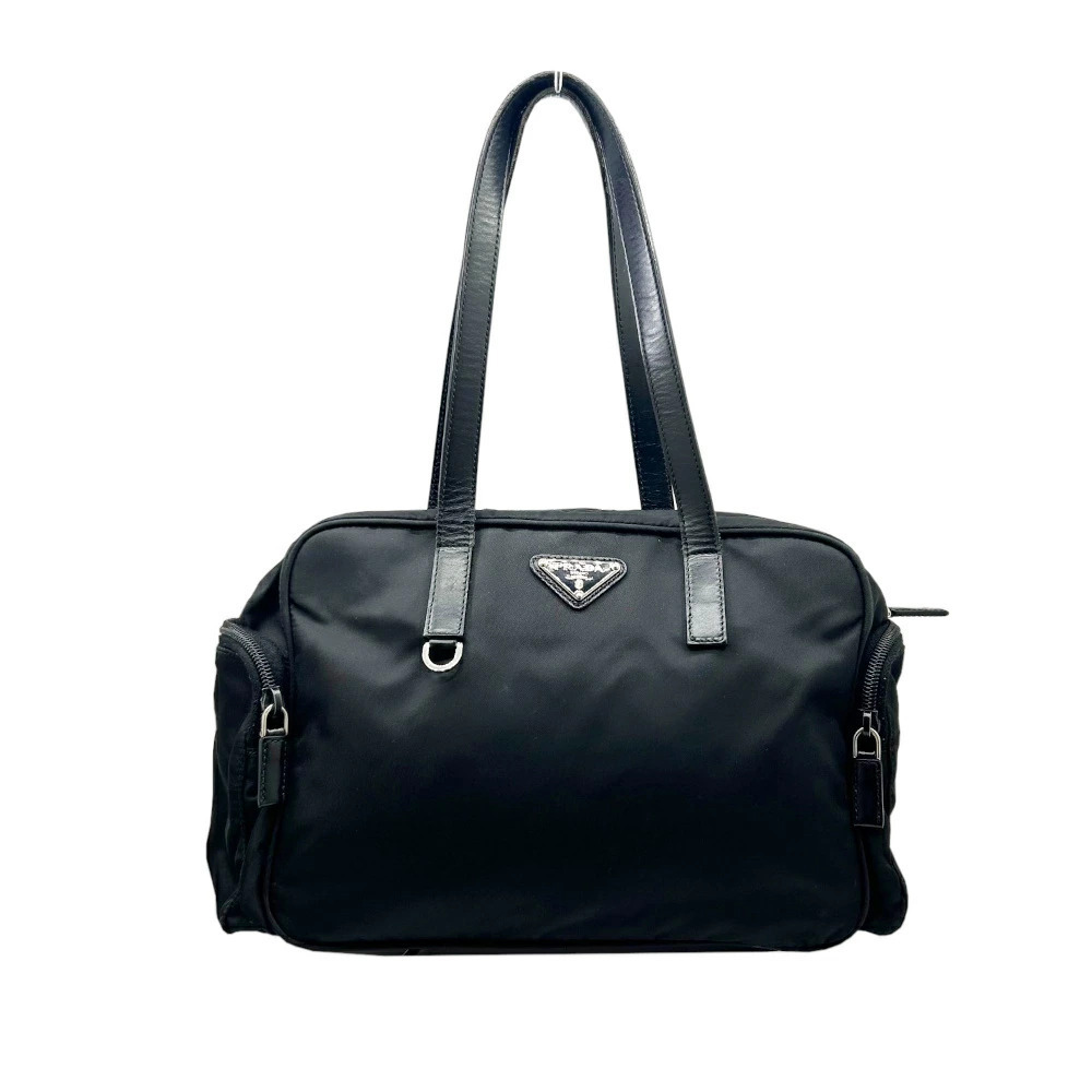 PRADA Boston Bag Black Handbag Triangle Plate
